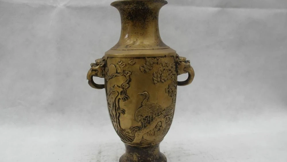 

13"Chinese Folk Pure Bronze Lucky excellent beautiful Two crane Lion Vase