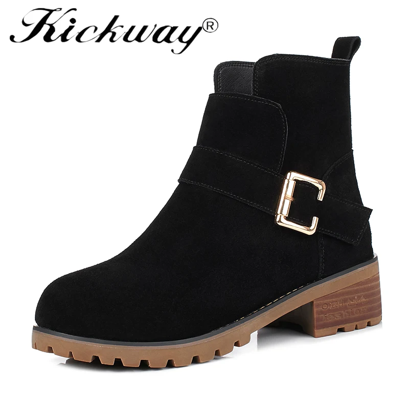 

Kickway autumn winter ankle boots for women handmade med heel Boots Leather Shoes Retro Boots snow botines mujer Women warm boot