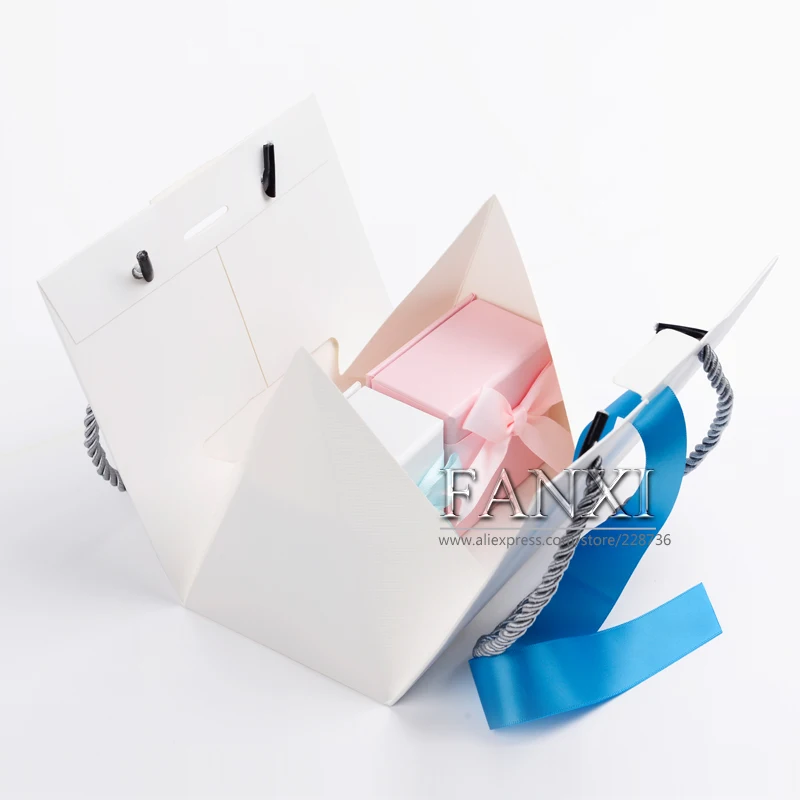 FANXI Free shipping custom 5 pcs/lot foldable paper jewellery bags with ribbon for gift and boxes packing paper shopping bags Jewelry Packaging