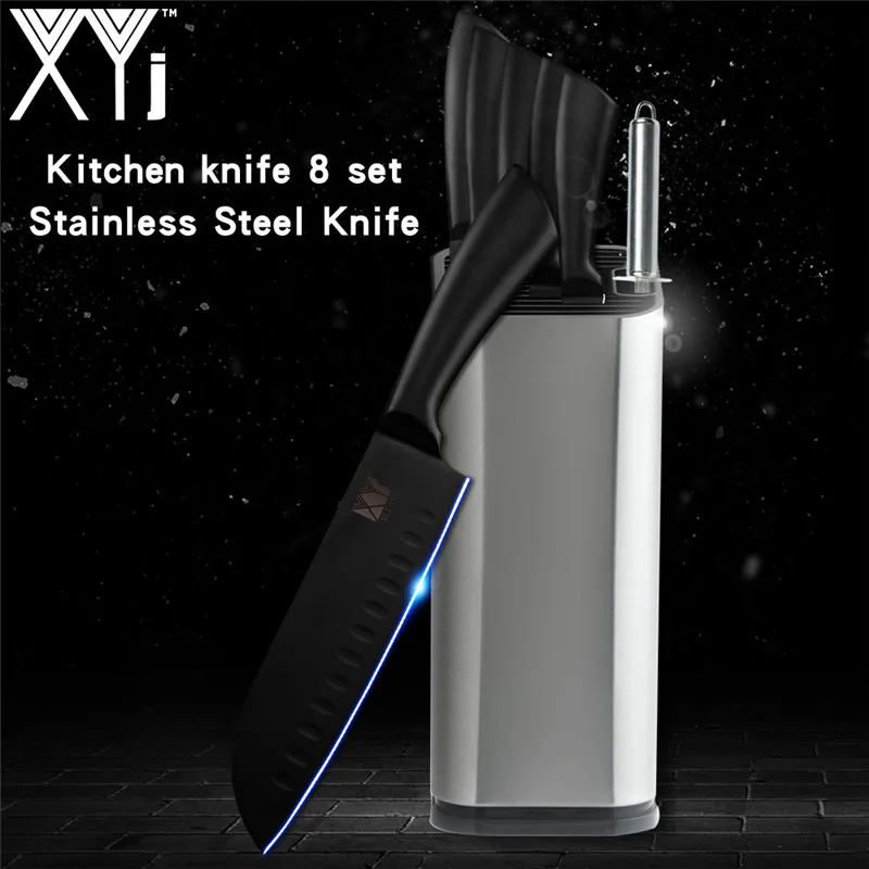 XYj модный дизайн кухонные ножи из нержавеющей стали с черной ручкой лезвие поварский нож сантоку японские столовые приборы 3Cr13 стальной нож горячая распродажа - Цвет: 8pcs stand sharpener
