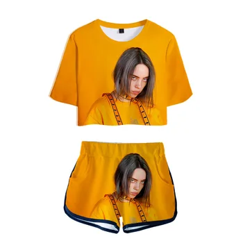 

popular singer Billie Eilish 3D printed summer 2 Piece Set Women short Sleeve Crop Tops And shorts ladies tracksuits 2pcs Outfit