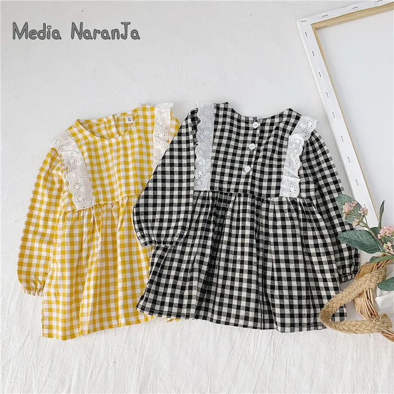 

Baby girls autumn plaid princess dress children toddler lace sweet dress