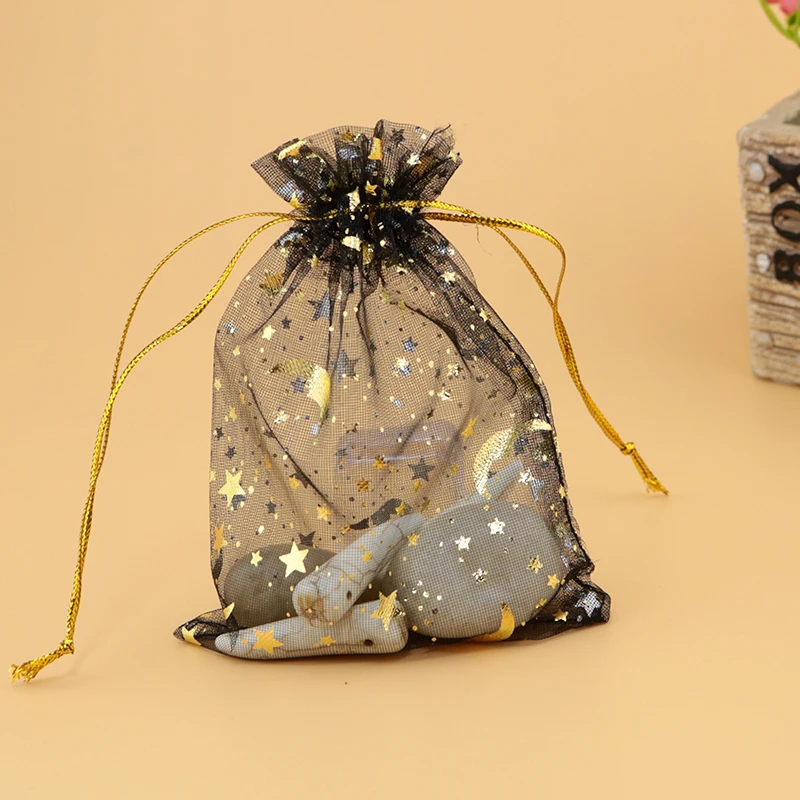 200pcs/lot 7x9cm Black Organza Bag Star Moon Print Drawstring Gift Bag