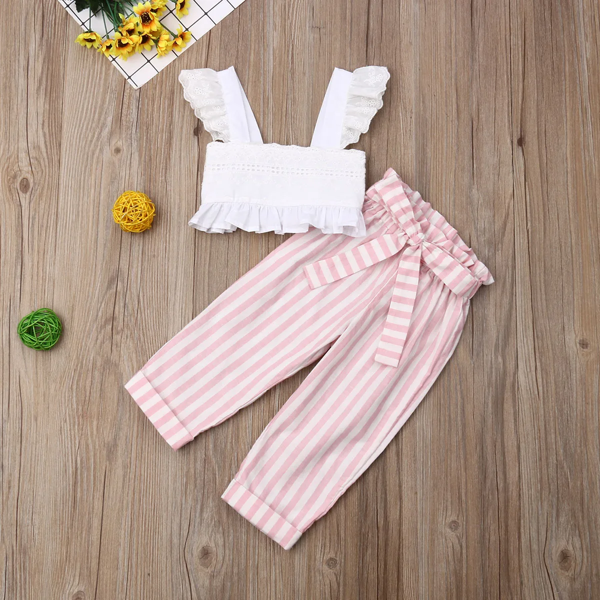 Pudcoco Summer Toddler Baby Girl Clothes Lace Strap Ruffle Crop Tops Striped Long Pants 2Pcs Outfits Clothes Summer