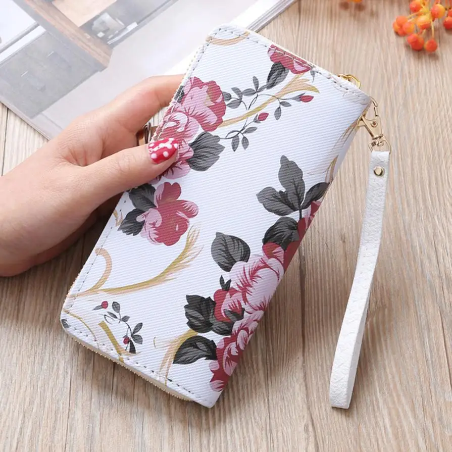 Wallet Female Floral Print Leather Zipper Long Wallets Flower Coin