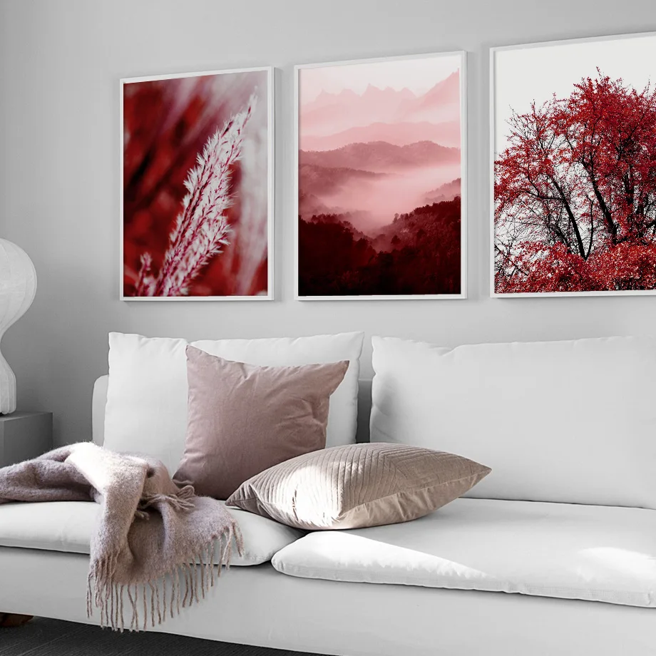 

Red Maple Reed Fog Mountain Landscape Wall Art Canvas Painting Nordic Posters And Prints Wall Pictures For Living Room Decor