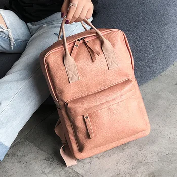 

ETAILL 2018 Simple Pink Backpack Women PU Leather Backpacks For Teenage Girls School Bags Fashion Vintage Solid Black Back Bag