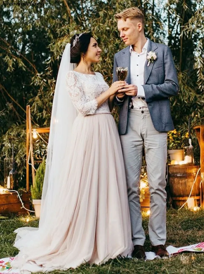 

Country Wedding Dresses Boho 2019 A-Line 3/4 Long Sleeves Lace Chiffon Button Back Cheap Bridal Gowns Plus Size Vestido De Noiva