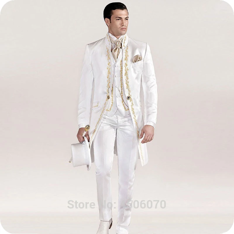 Итальянский винтажный белый фрак вышивка мужские свадебные костюмы Тонкий Блейзер длинный пиджак брюки жилет костюм фрак жениха