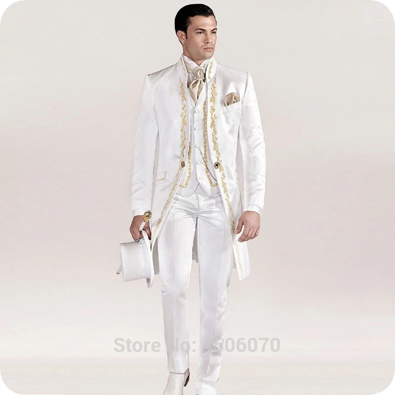 Venta Flash Italiano Vintage Blanco Tailcoat Bordado Trajes De Boda Para Hombre Trajes Slim Blazer Chaqueta Larga Pantalones Chaleco Novio Esmoquin Traje May 2020