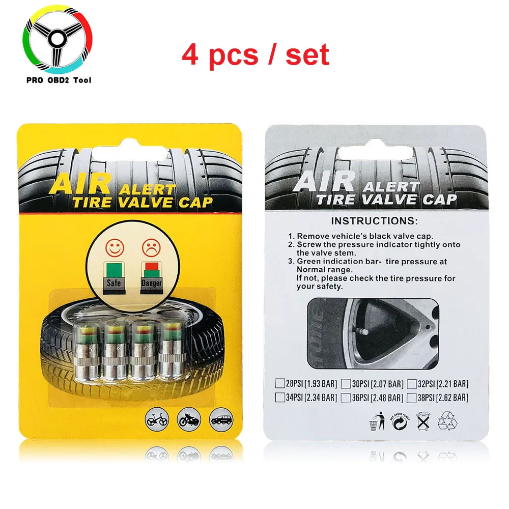 

4pcs/Lot 2.4Bar Car Auto Tire Pressure Monitor Valve Stem Caps Sensor Indicator Eye Alert Diagnostic Tools Kit stainless