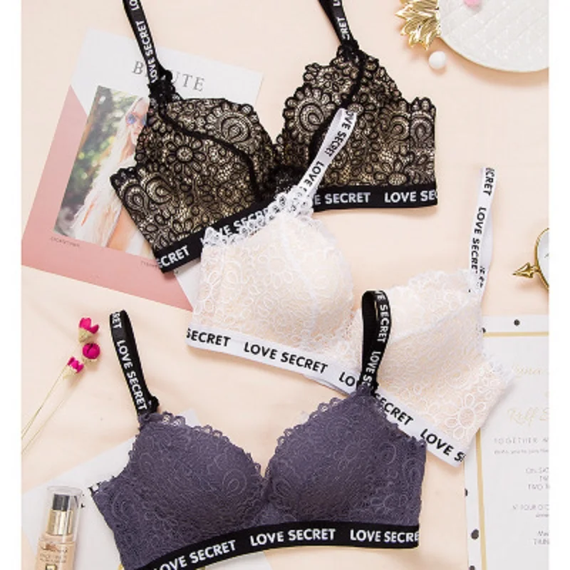 

New Women Bra Letter Stype Sexy Lace Wire Free 3/4 Cup Push Up Lady Bralette Back Closure Floral Padded Breathable Bra