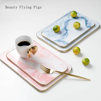 

Ins wind gold plated ceramic dish steak sushi dish home decoration ornaments pad marble grain storage plate fruit cutting board