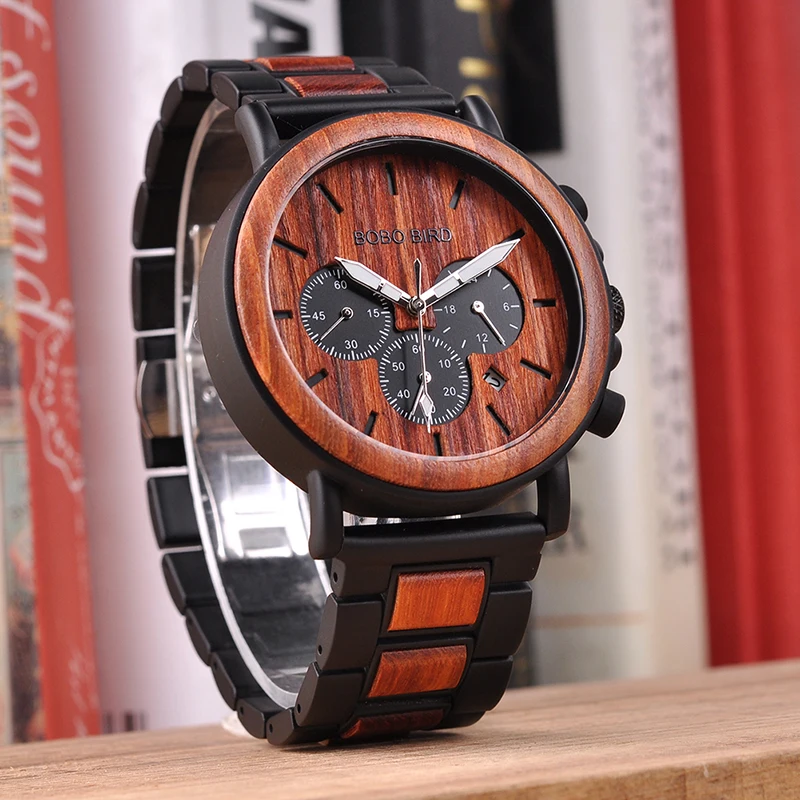 BOBO BIRD P09 Wood and Stainless Steel Watches Luminous Hands Stop Watch Mens Quartz Wristwatches in Wooden Box dropshipping