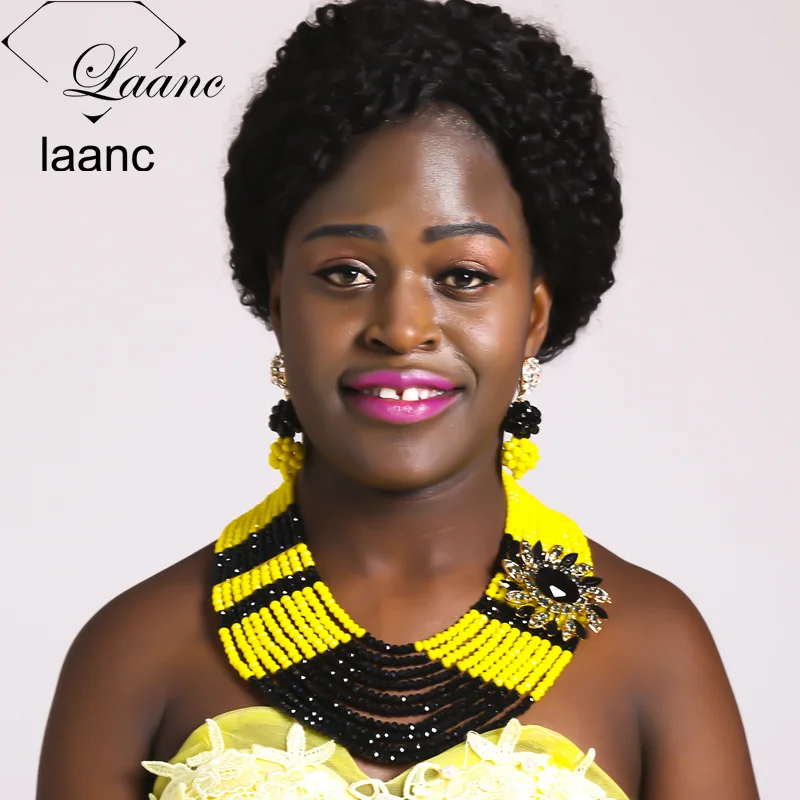 

Laanc Brand Nigerian Wedding Beads Black and Yellow African Bridal Jewelry Set Necklace Earrings Bracelet AL328