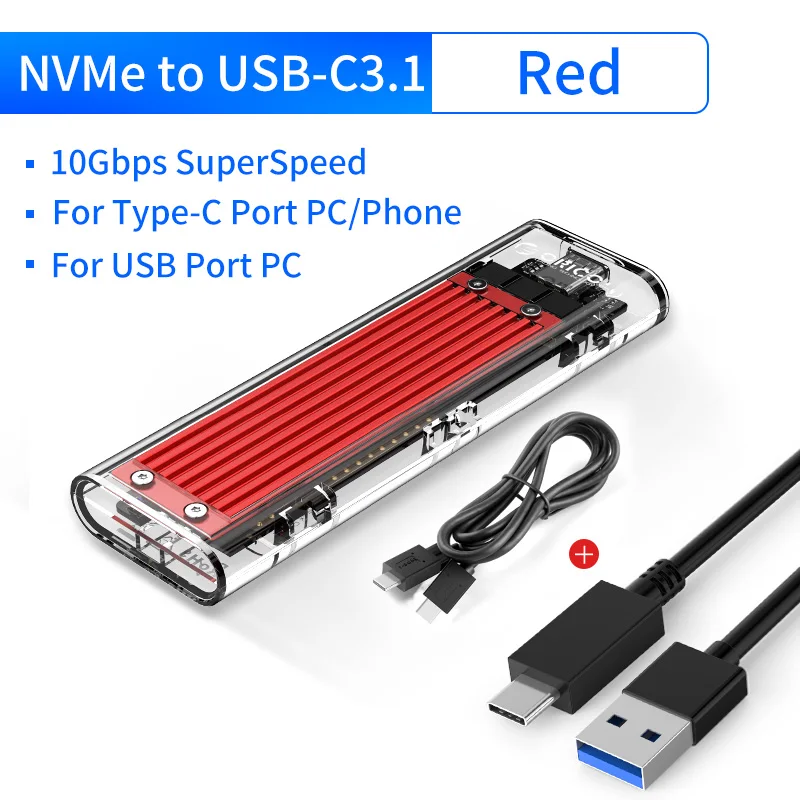 

ORICO TCM2-C3 NVME M.2 SSD Enclosure 10Gbps Type-C USB3.1 Gen2 Support UASP 2TB External Mini JMS578 SSD Case Transparent Red