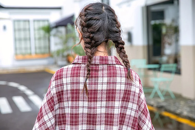 Новые рубашки для женщин Harajuku рубашки в клетку Свободные размеры рубашки с рукавами-фонариками Kawaii Милая рубашка Женский#9299