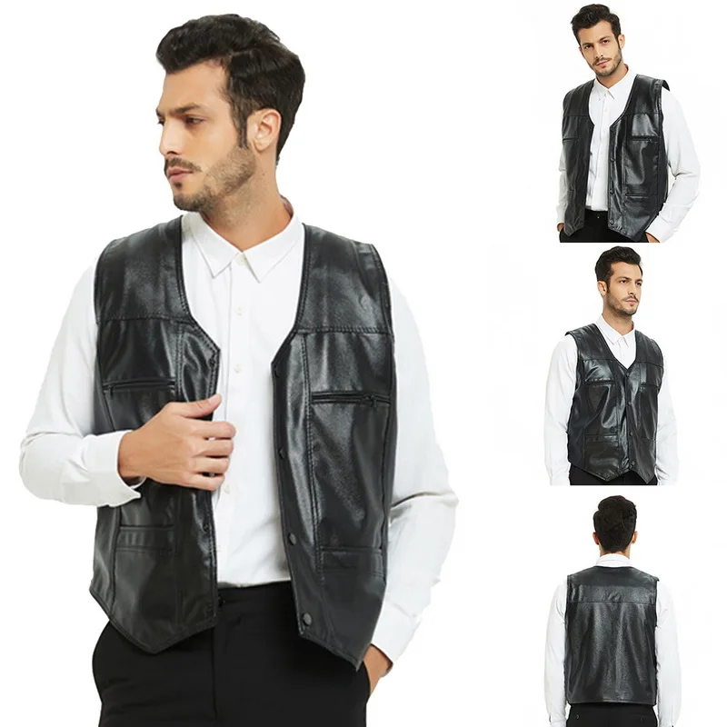 

2019 Fashion Men PU Waistcoat Fleece Warm Winter Leather Biker Vest Pockets Motorcycle Rock Sleeveless Thick Vest Plus Size 5XL