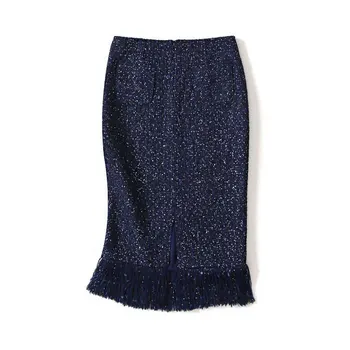 

2019 Spring Autumn Brand New Women Sequins Tassel Bodycon Tweed Skirts Deep Blue Ladies Elegant Pencil Skirt Y137
