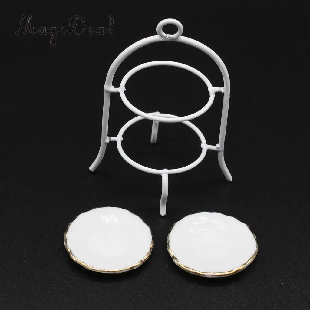 3pcs Miniature Metal Cake Stand Ceramic Dish Set Tableware for 1/12 Dolls House Kitchen Life Scenes Decoration