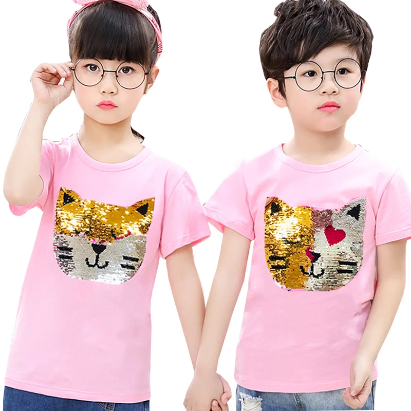 

Girl Colorful Sequins Color Change T shirt Kids Cat Flip Double Sided T-shirts Children Baby Tops Tee Glitter Clothes