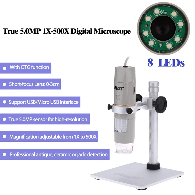 

500x 5.0MP USB Microscope Video Camera OTG Function Digital Zoom Magnifier with Holder and 8LED for Detection and Cosmetology