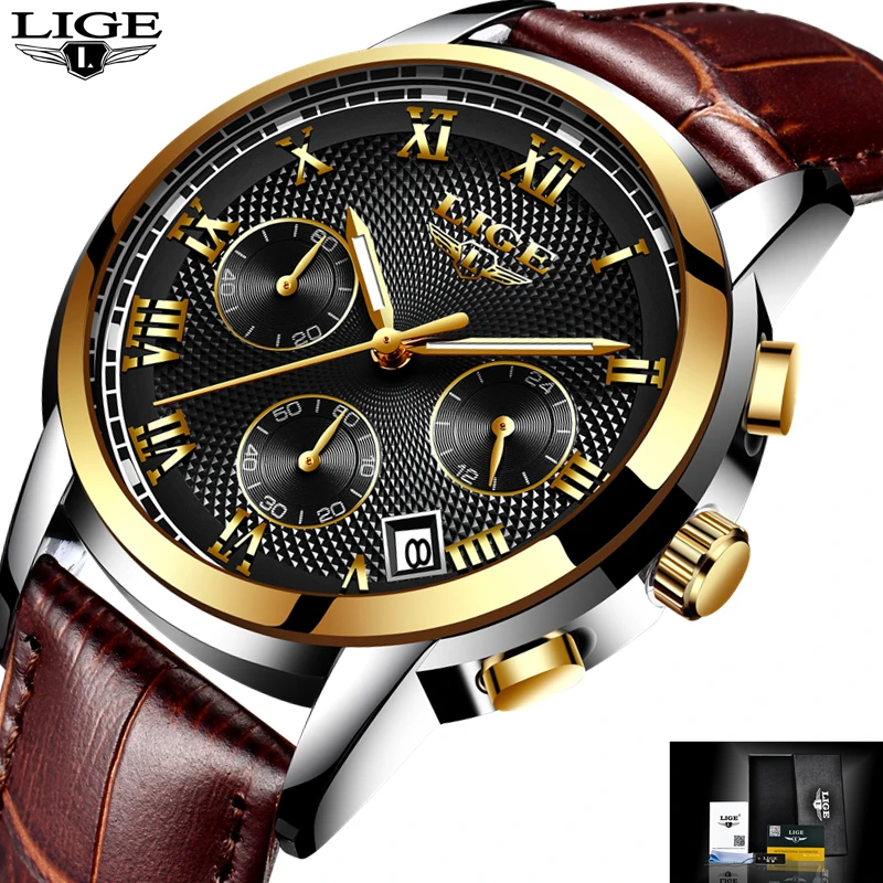 

LIGE Fashion Mens Watches Top Brand Luxury Chronograph Leather Quartz Watch Men Casual Waterproof Sport Watch Relogio Masculino