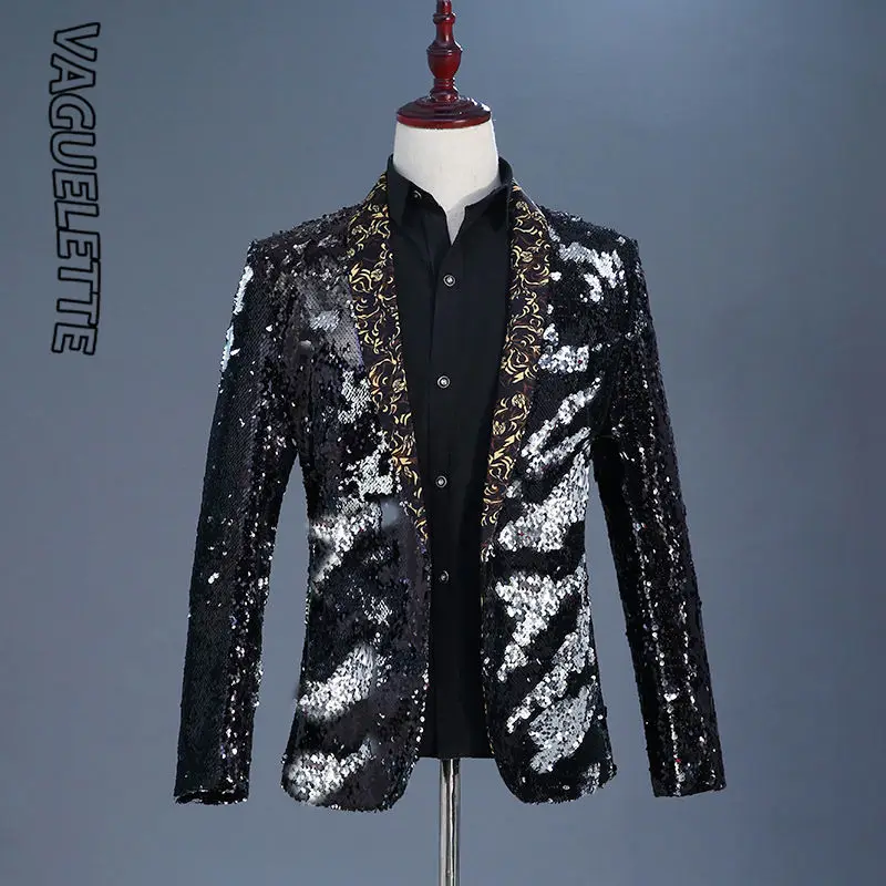 VAGUELETTE блестки блейзер для мужчин Модная стильная сценическая одежда для певцов куртка пальто Блестящий блейзер мужская сценическая одежда M-2XL - Цвет: Черный