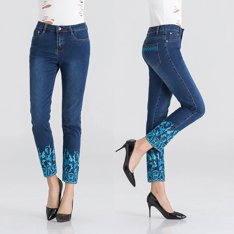 BUMPERCROP вышивкой женские узкие джинсы Повседневное плюс Размеры синие с высокой талией джинсы карандаш брюки джинсы с рваной отделкой Новый