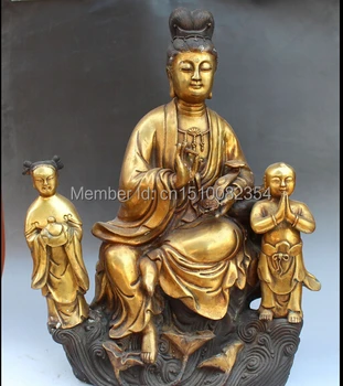 

18" Chinese Bronze Gilt Dharmapalas Tongzi Kwan-yin Kwan-yin Kid Ruyi Sculpture
