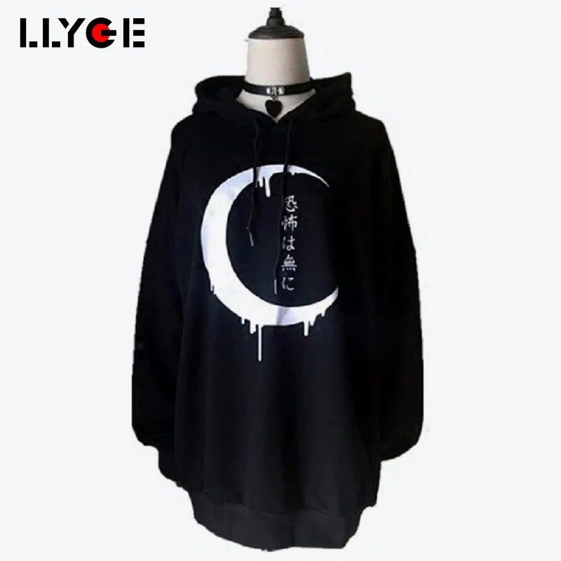 

Gothic Black Long Sleeve Hoodies For Women Autumn 2019 Hooded Women's Hoody Moon Printed Female Pullover Clothes Stranger Thing