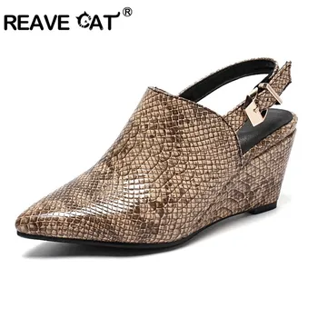 

REAVE CAT Women Wedges pumps High heels Pointed toe Snake boa PU Leather Spring Summer slingbacks chaussures femme big size 43
