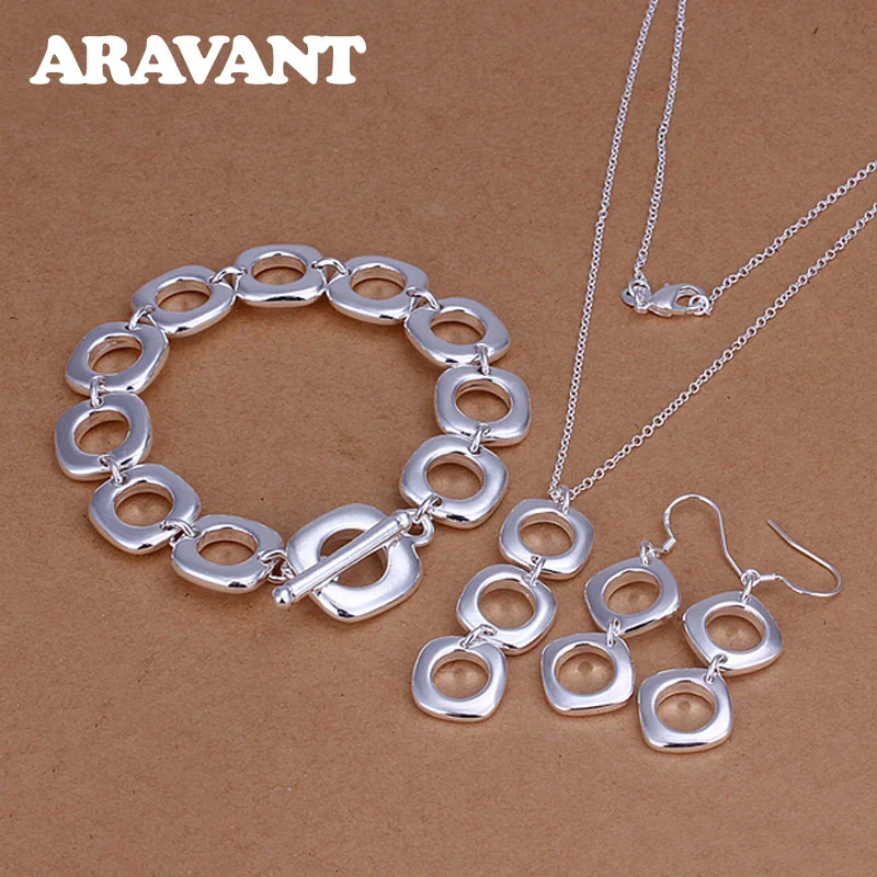

New Fashion 925 Jewelry Sets Square Necklace Bracelet Drop Earrings Jewelry Set For Women Party Silver Jewelry