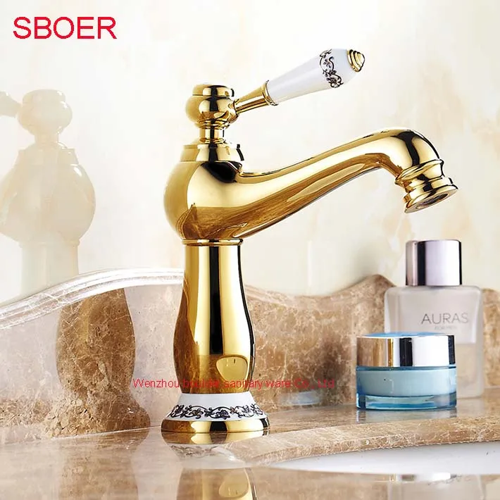 

Hot European Style Luxury Bathroom Basin gold faucet, Brass Copper with Single Blue and white Handle Hot and cold Water Tap