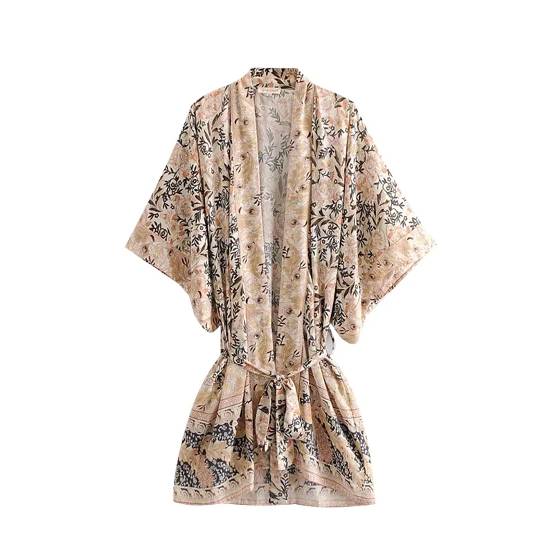 

GYPSY Boho Chic Summer Vintage Floral Print Sashes Cardigan Kimono Women Fashion V Neck Loose Beach Blouses Shirts Femme Blusas