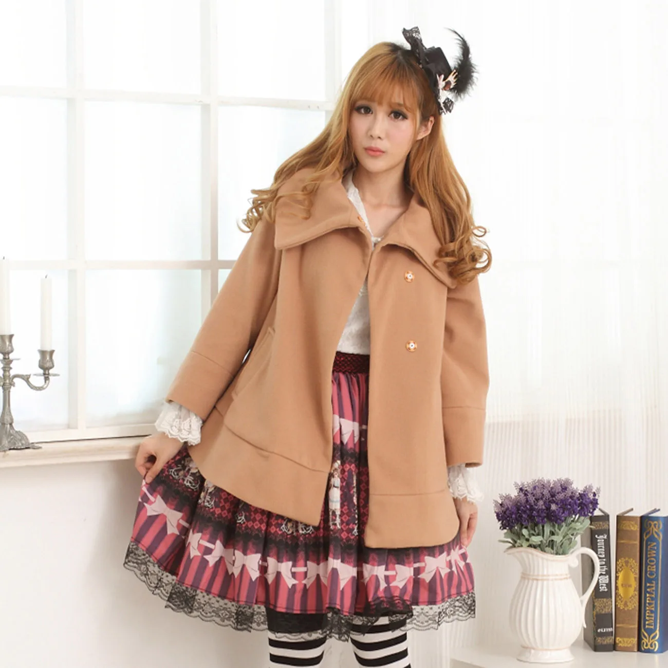 

Sweet Lolita Coat Lady's Vintage Long Khaki Loose Asymmetrical Collar Jacket for Winter