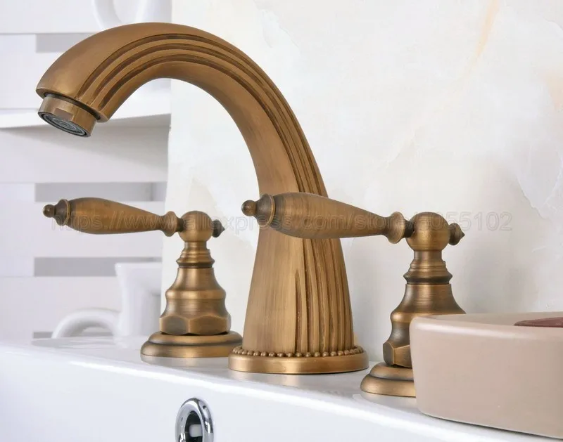 3 Hole Antique Brass Deck Mounted Bathroom Mixer Tap Bath Basin Sink Vanity Faucet Water Tap Bath Faucets zan069
