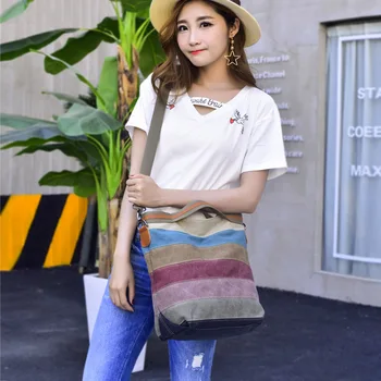 

Favocent Large Capacity Canvas Bag Women Handbag Patchwork Casual Shoulder Bags Female Messenger Bag Ladies Rainbow Purse Pouch