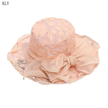

Womens Church Sun Hat Wide Brim Floral Lace Tea Party Fascinator Detachable Flower Ruffles Adjustable Beach Cap