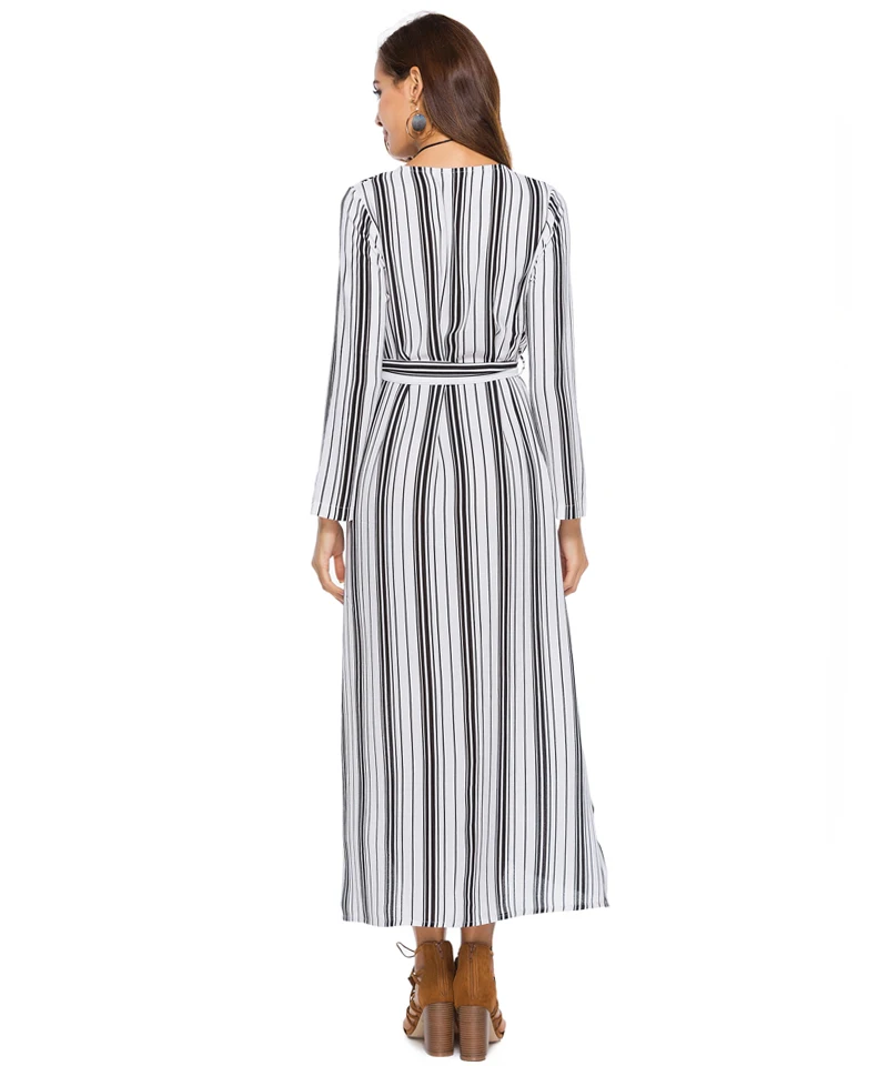 Elegant O-neck Chiffon Boho Stripe Maxi Dress