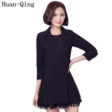 Женский блейзер в Корейском стиле, однотонный Женский Повседневный плиссированный Длинный блейзер с закрытой грудью, пальто, тонкий длинный рукав, черный деловой Блейзер, Mujer