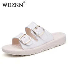 WDZKN Fashion Slippers Summer Women Sandals Split Leather Slip On Flat Slippers Comfortable Outdoor Women Flip Flops H703