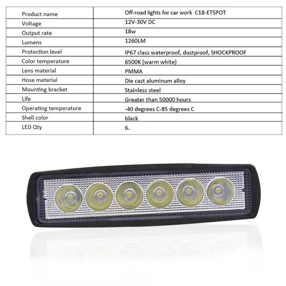 1 шт., 18 Вт, 12 В, для вождения, противотуманный автомобильный светильник, 6 светодиодный, рабочий светильник, бар, точечный светильник, балки, светодиодный, универсальный, рабочий, автомобильный светильник