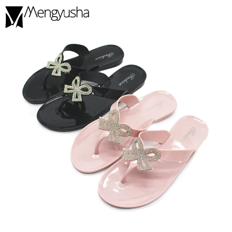 jelly sandals crystal bow clip toe flip flops woman designer thong sandals summer waterproof