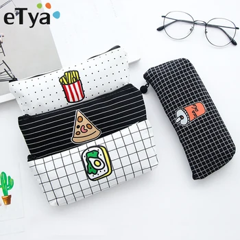 

eTya Canvas Small Cosmetic Bag Cute Pencil Case School Simple Stripe Makeup Brush Bags Plaid Make Up Bag Travel Organizer Pouch