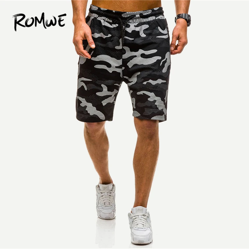 

ROMWE Men Camo Drawstring Shorts 2019 Basic Camouflage Mid Waist Summer Mens Shorts Workout Fitness Man Casual Short Pants