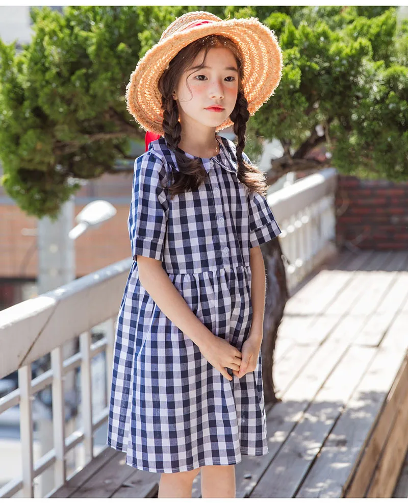 Blue Plaid Casual Dresses For Kids Cotton Short Sleeve Summer 2019 Dress Baby Big Girls Knee Length Dress Clothes 5 6 8 10 Years (3).jpg