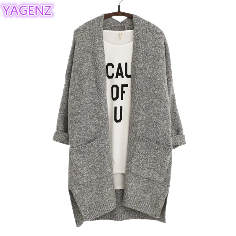 YAGENZ Loose Cardigan Knit Sweater Coat Women's Long Coats Spring Autumn Jacket Ladies Long-sleeve V-neck Slit 122 |