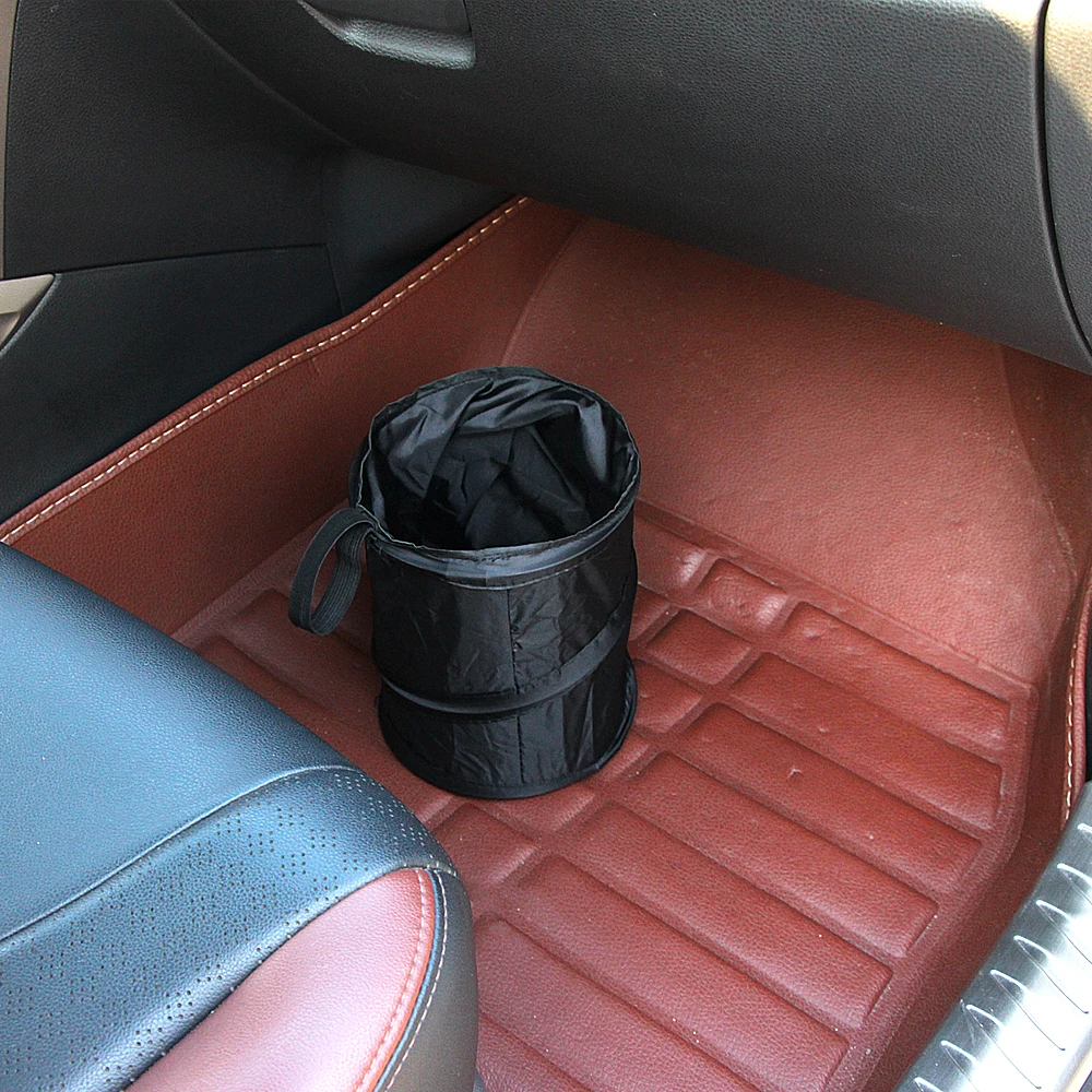 Black Portable Fold Leakproof Universal Travel Car Trash Can Bin for