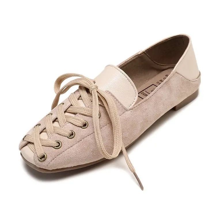 Модная женская повседневная обувь на плоской подошве в стиле ретро; дышащая женская обувь на шнуровке; лоферы с круглым носком; однотонная женская обувь размера плюс - Цвет: beige